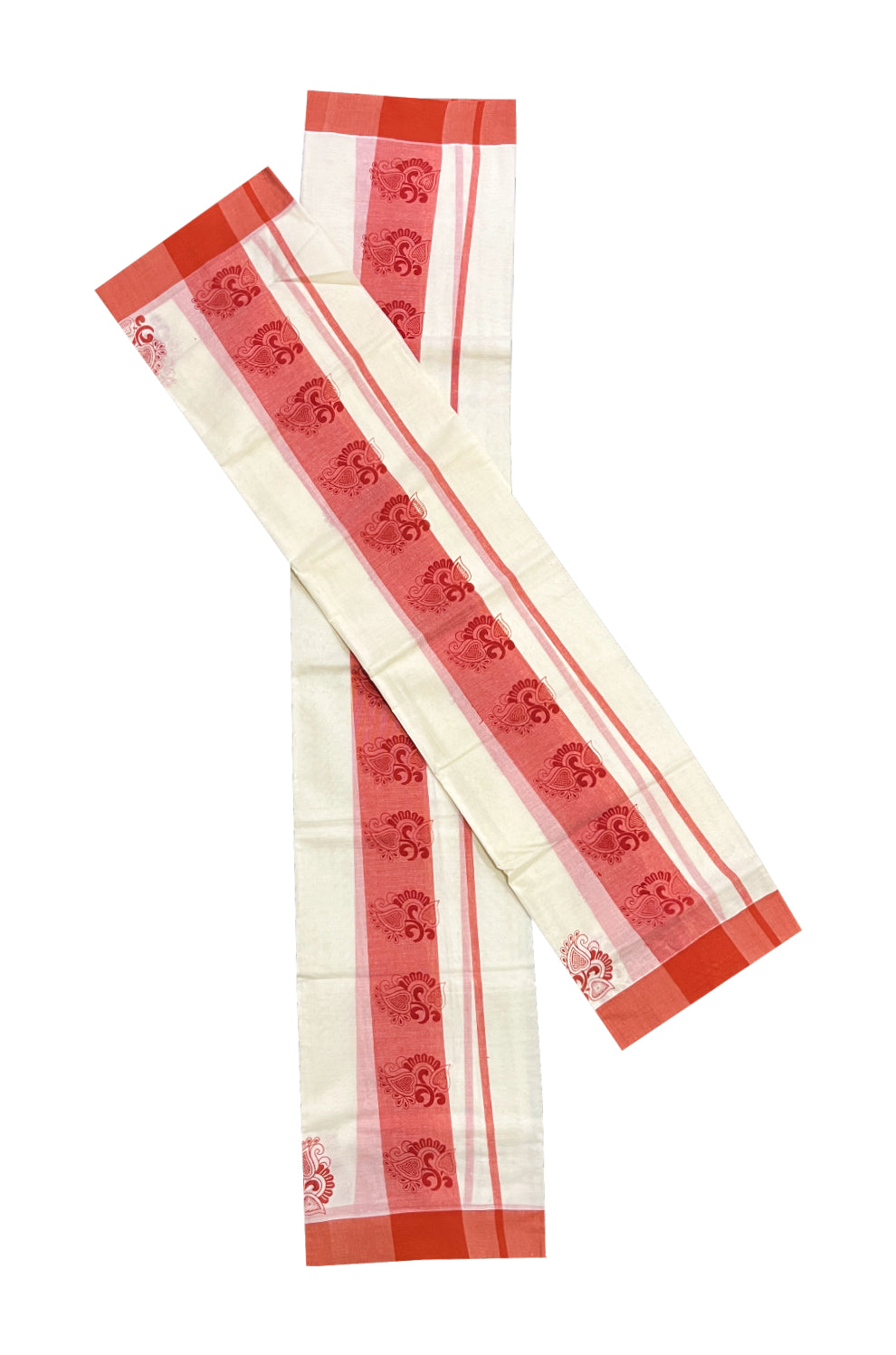 Kerala Cotton Set Mundu (Mundum Neriyathum) with Red Paisley Block Prints on Border