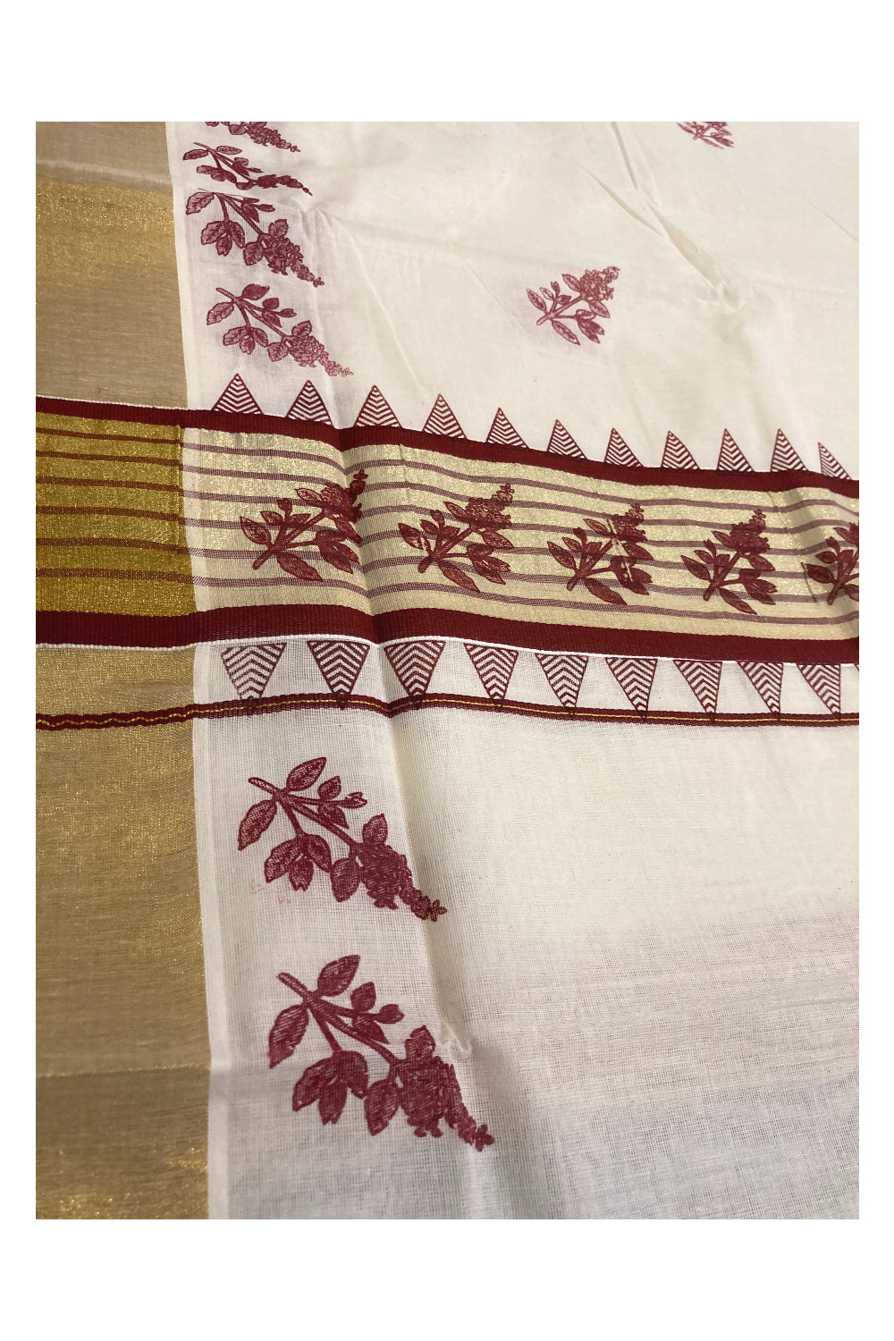 Pure Cotton Kerala Kasavu Saree with Maroon Block Printed Design