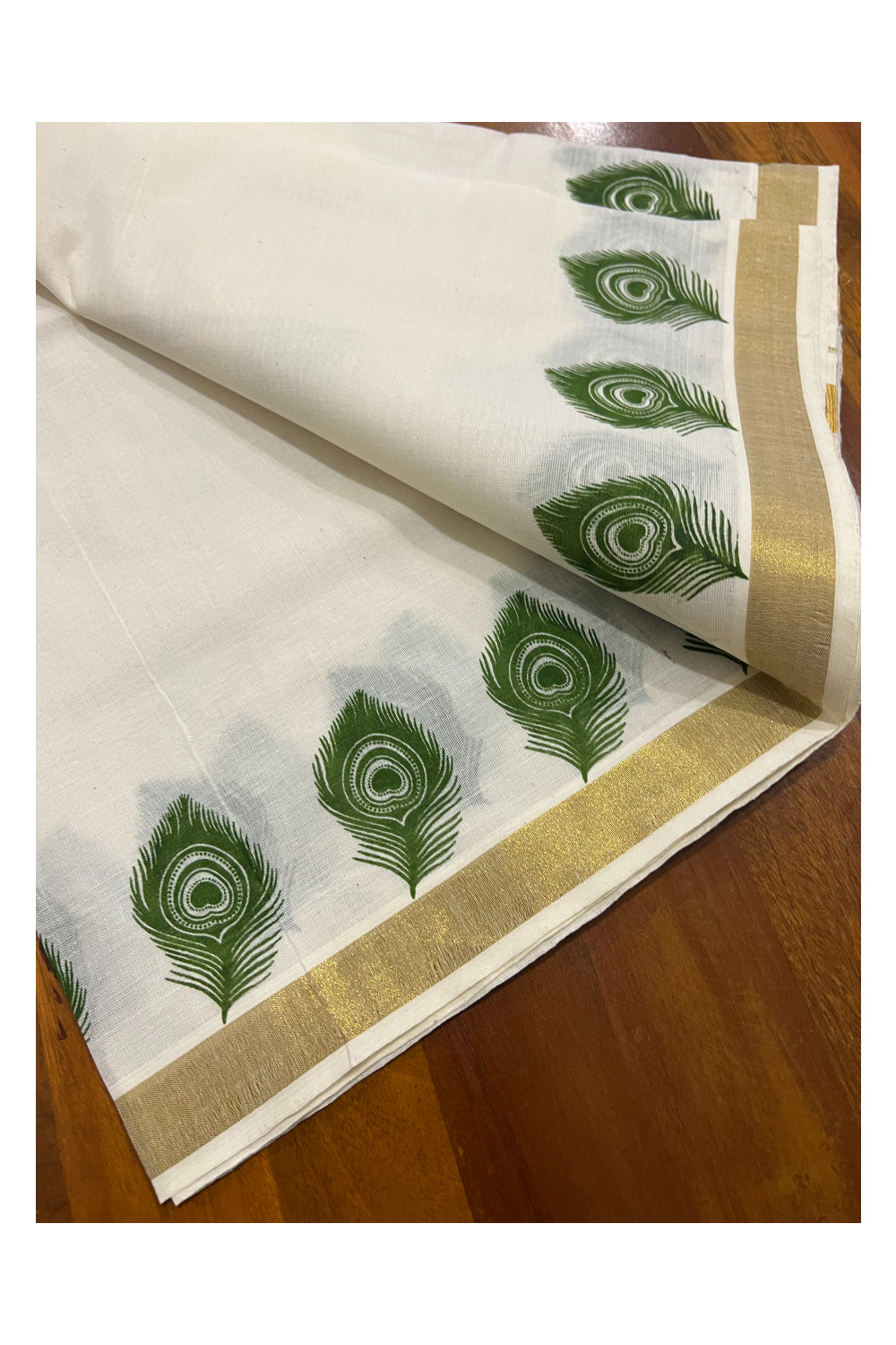 Cotton Kasavu Set Mundu (Mundum Neriyathum) with Green Block Feather Temple Prints on Border