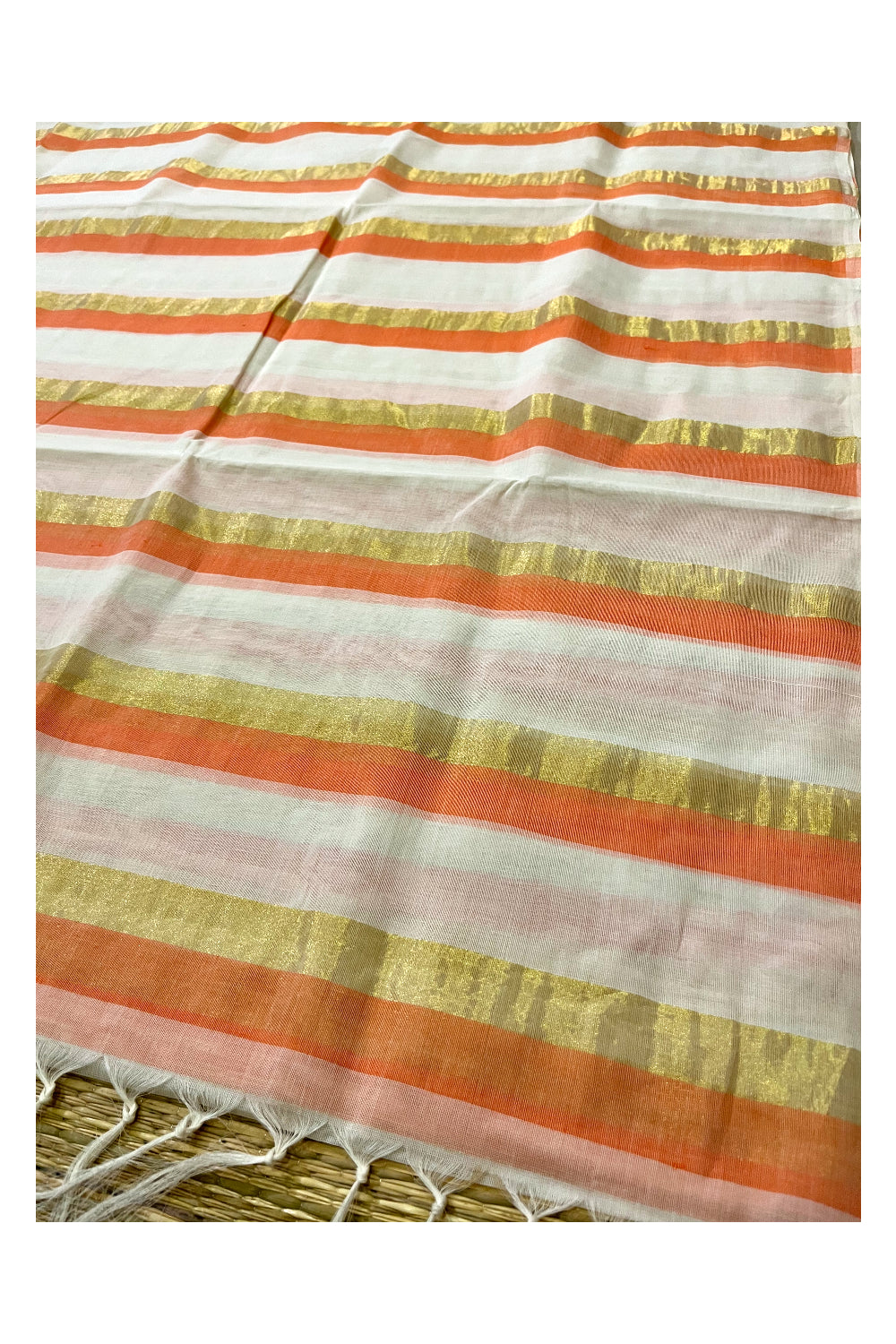 Southloom™ Premium Handloom Cotton Kerala Saree with Kasavu and Orange Lines work on Body