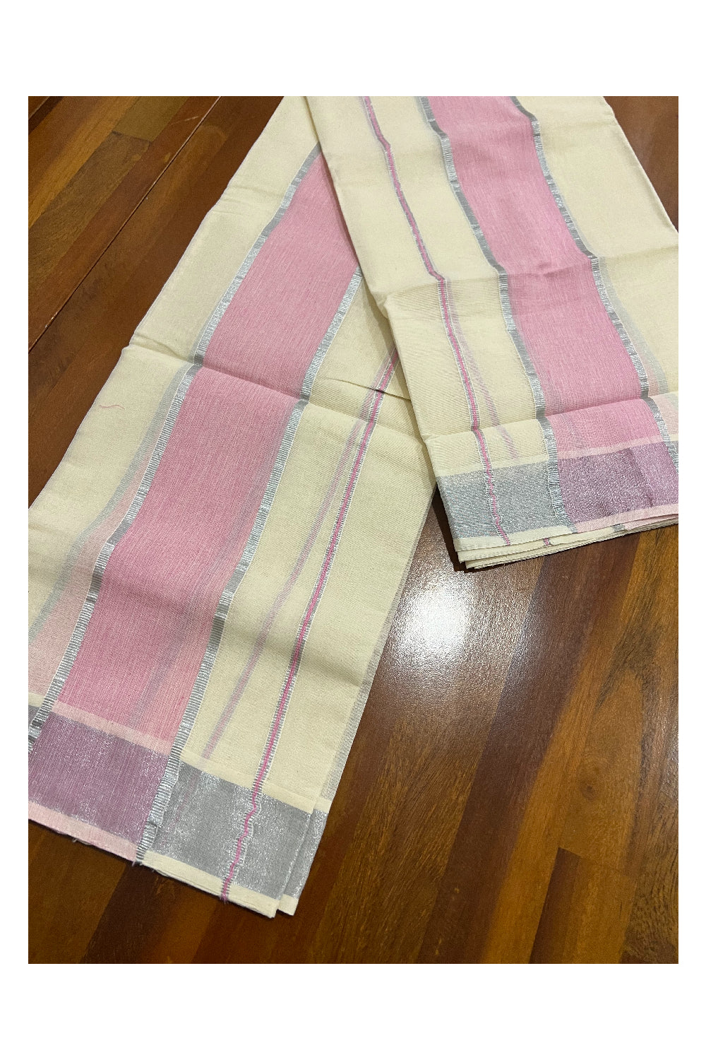 Kerala Cotton Set Mundu (Mundum Neriyathum) with Pink and Narrow Silver Kasavu Border