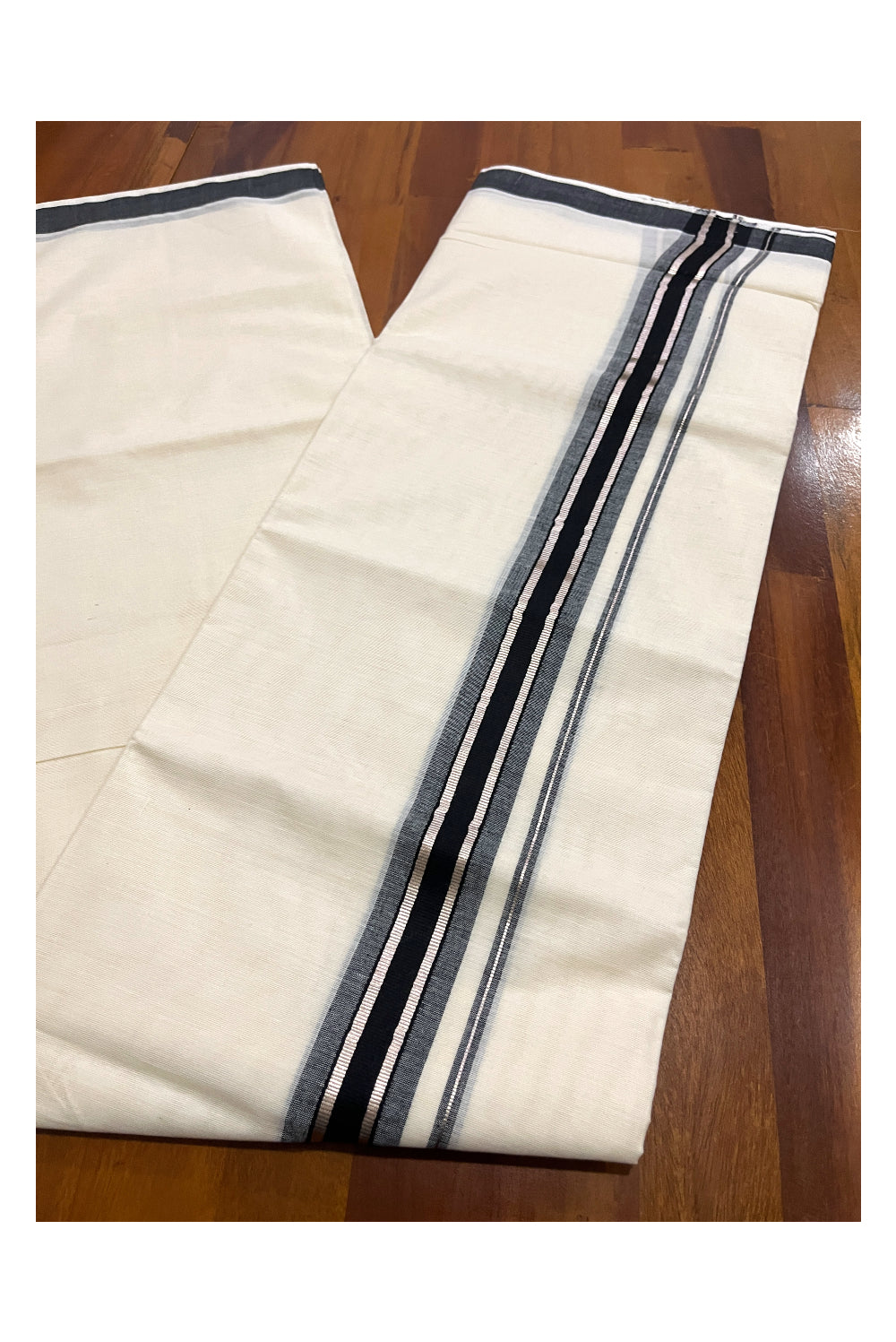 Pure Cotton Double Mundu with Black and Silver Kasavu Kara (South Indian Kerala Dhoti)