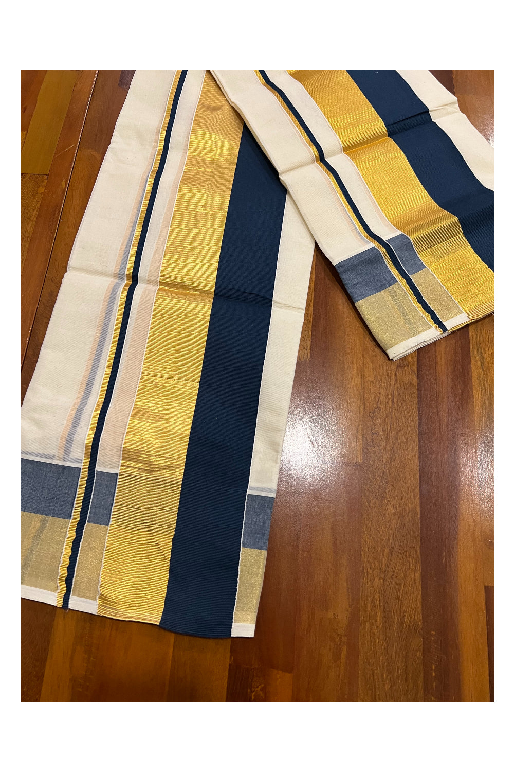 Pure Cotton Kerala Single Set Mundu (Mundum Neriyathum) with Dark Teal Blue and Kasavu Border 2.80 Mtrs