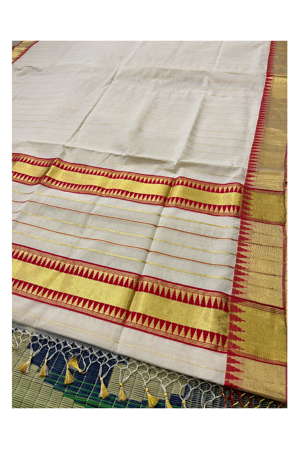 Southloom™ Balaramapuram Unakkupaavu Handloom Lines Kasavu Saree with Red Temple Border