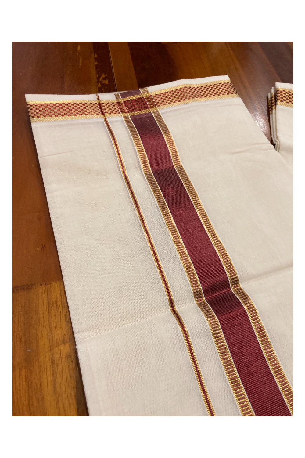 Southloom Premium Handloom Pure Cotton Mundu with Golden and Maroon Kasavu Design Border (South Indian Dhoti)