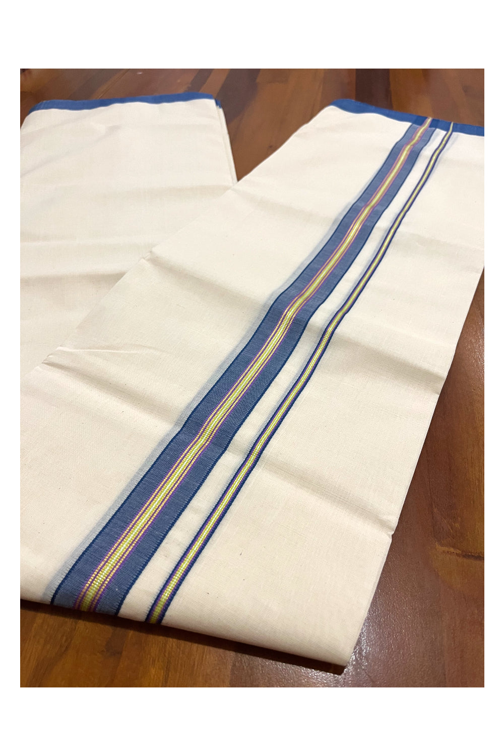 Southloom Premium Handloom Double Mundu with Blue and Kasavu Border