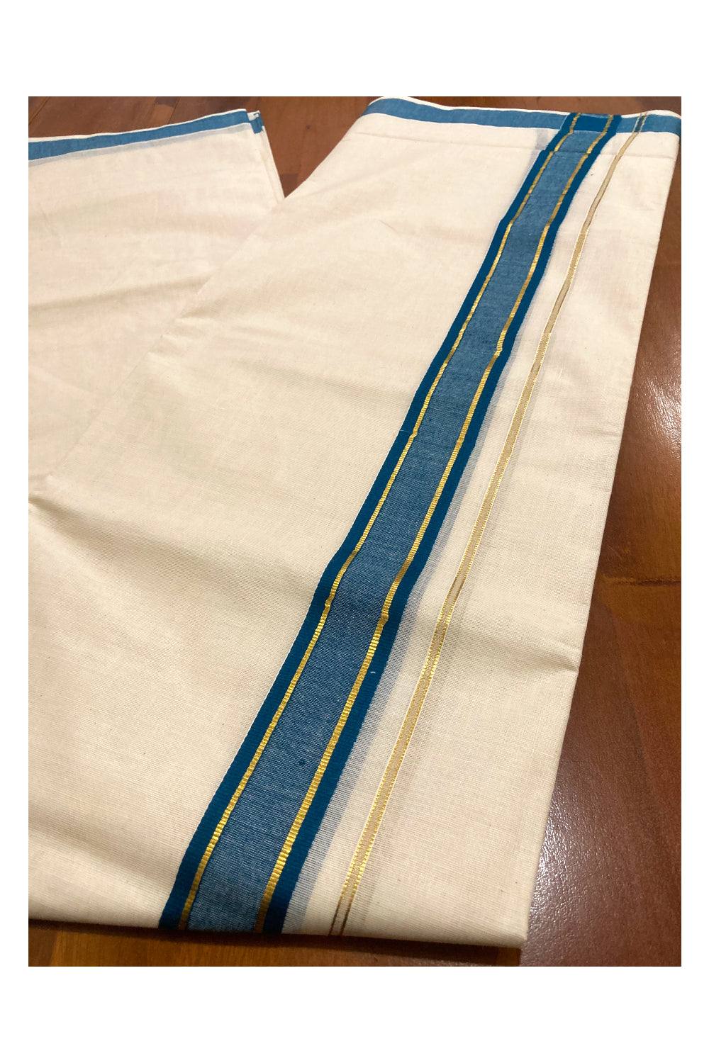 Off White Pure Cotton Double Mundu with Kasavu and Blue Border (South Indian Dhoti)