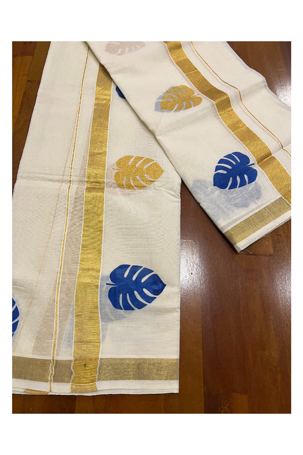 Pure Cotton Kasavu Set Mundu (Mundum Neriyathum) with Blue and Kasavu Block Prints on Border