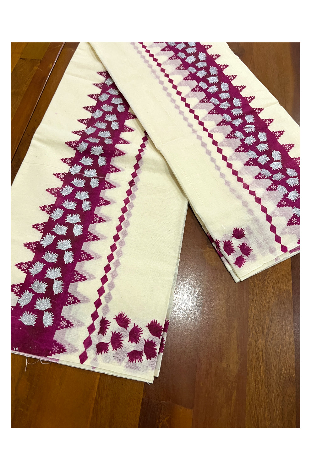 Kerala Cotton Single Set Mundu (Mundum Neriyathum) with Maroon Block Prints on Border