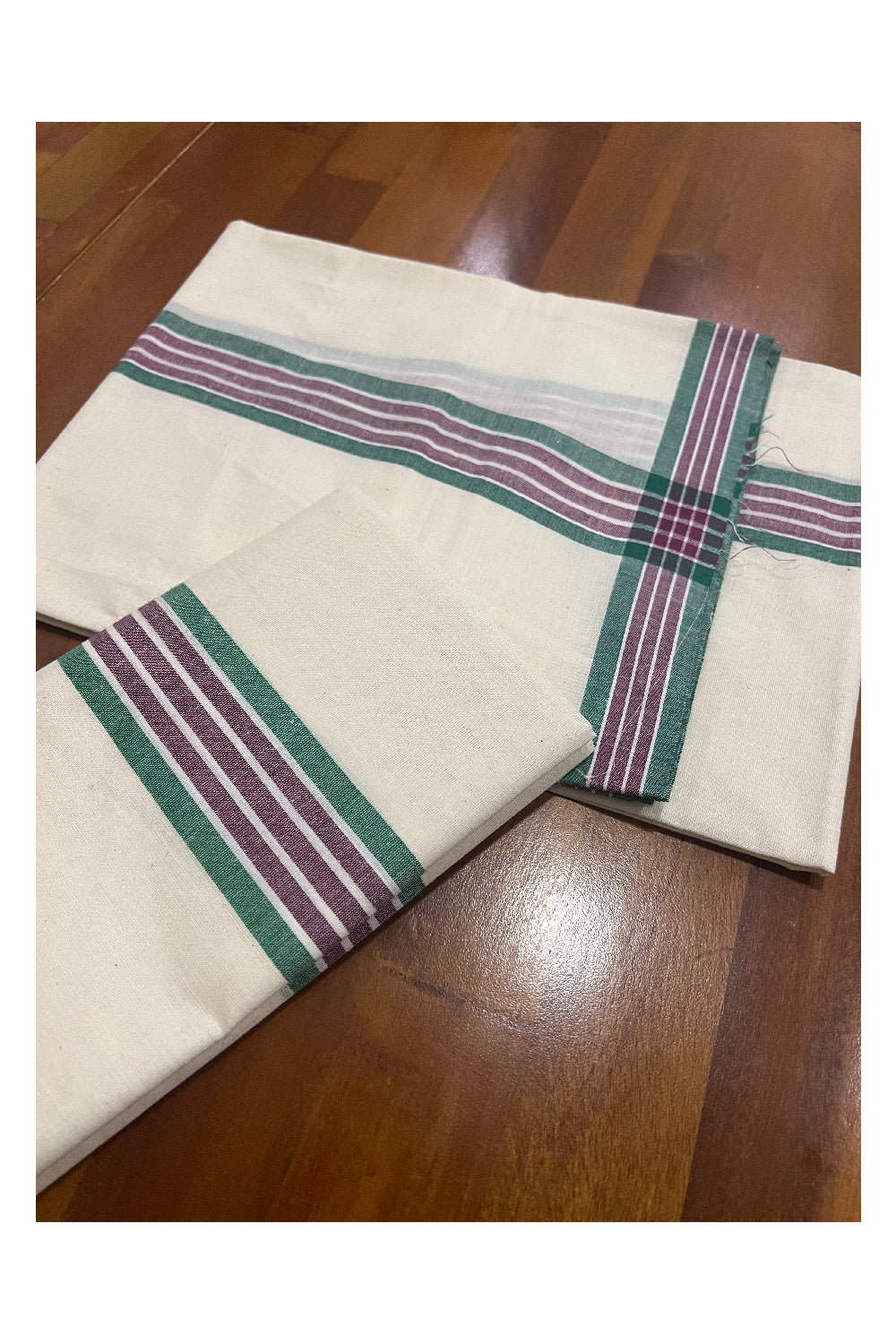 Kerala Cotton Mundum Neriyathum Single (Set Mundu) with Green and Purple Mulloth Border (Extra Soft Cotton)