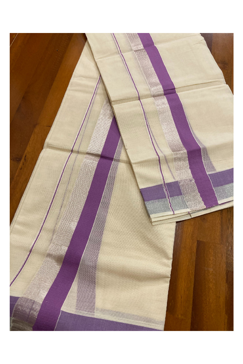 Kerala Cotton Double Set Mundu with Lavender and Silver Kasavu Border (2.80 m Mundum Neriyathum)
