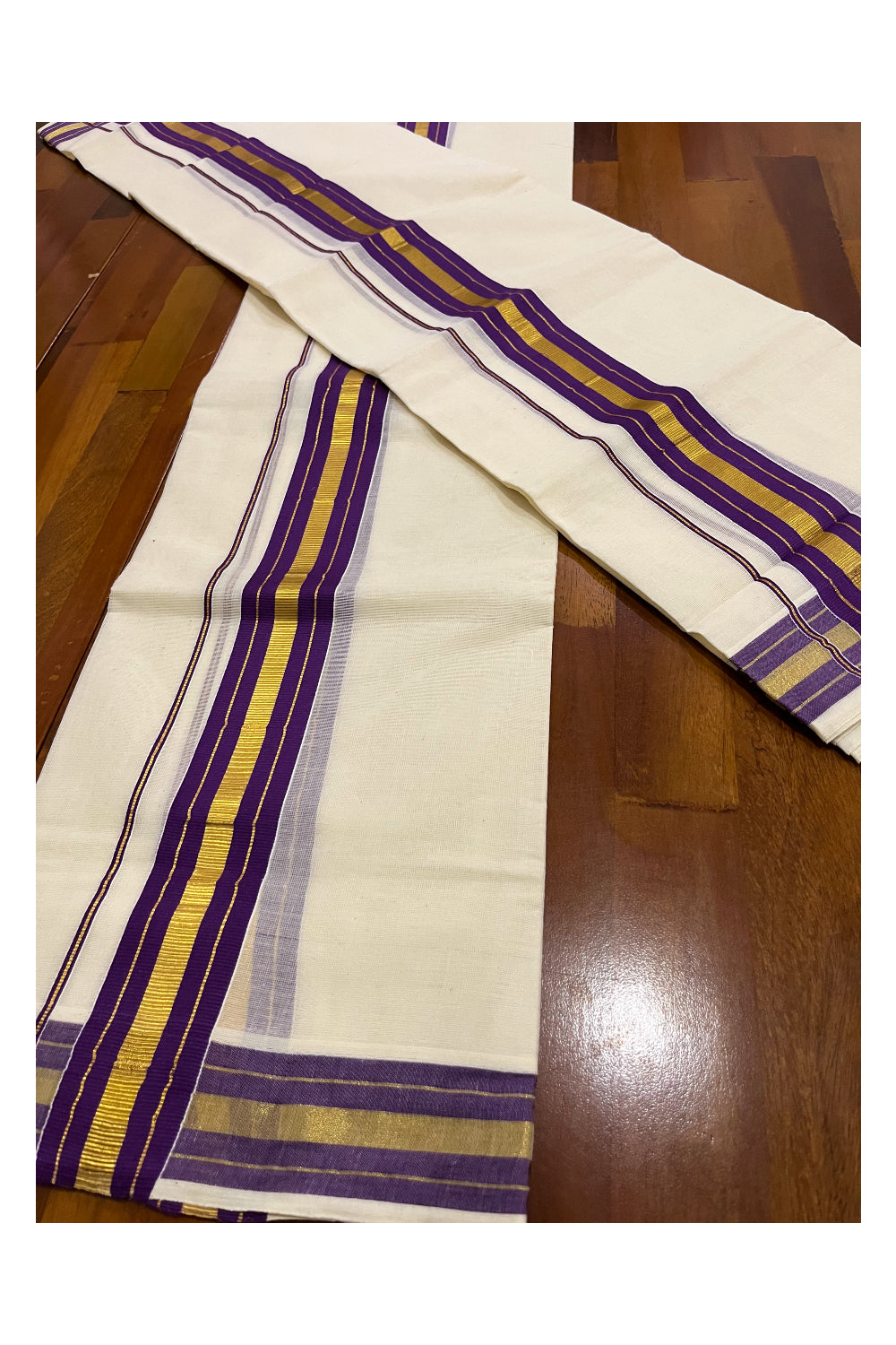 Pure Cotton Kerala Single Set Mundu (Mundum Neriyathum) with Violet and Kasavu Border 2.80 Mtrs