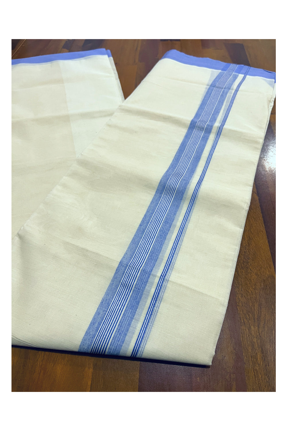 Pure Cotton Off White Double Mundu with Blue Kara (South Indian Dhoti)