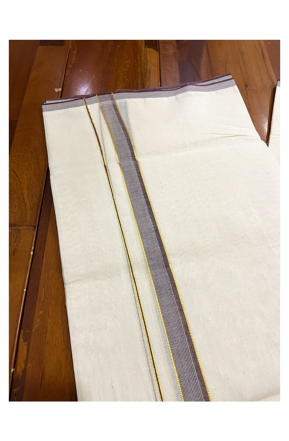 Pure Cotton Off White 100x100 Double Mundu with Kasavu and Brown Border (South Indian Dhoti)