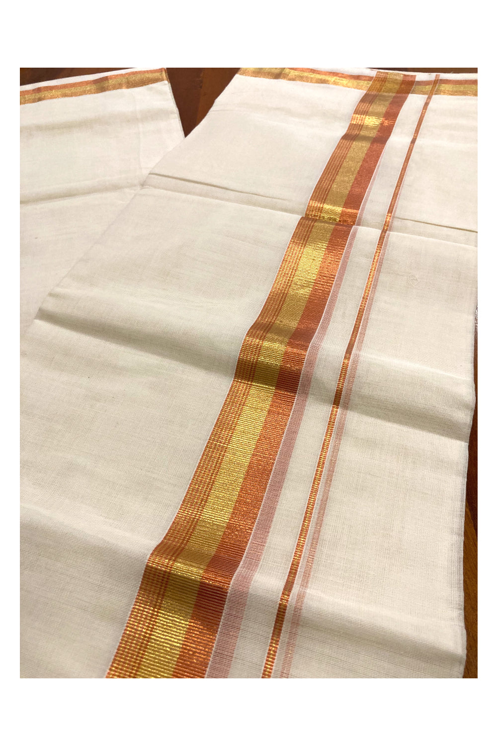 Southloom Balaramapuram Handloom Pure Cotton Mundu with Golden and Orange Kasavu Border (South Indian Dhoti)