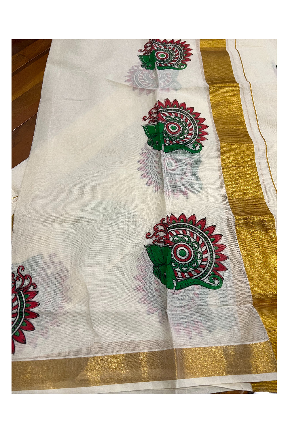 Pure Cotton Set Mundu (Mundum Neriyathum) with Elephant Mural Prints and 2 inch Kasavu Border