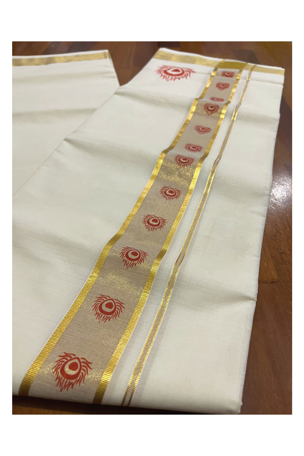 Pure Cotton Off White Double Mundu with Orange Block Prints on Kasavu Kara (South Indian Dhoti)