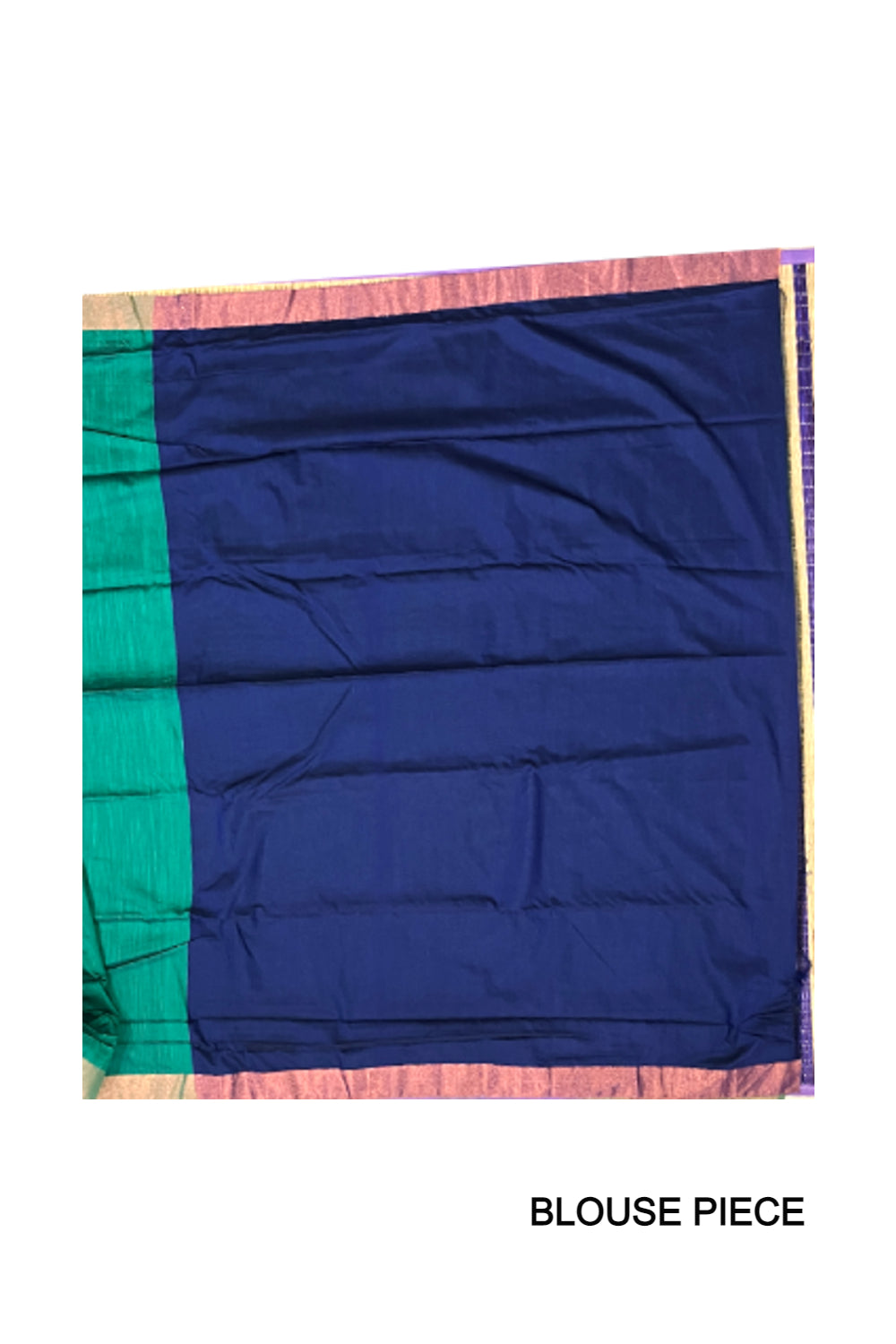 Southloom Cotton Green Saree with Kasavu Border and Blue Running Blouse Piece