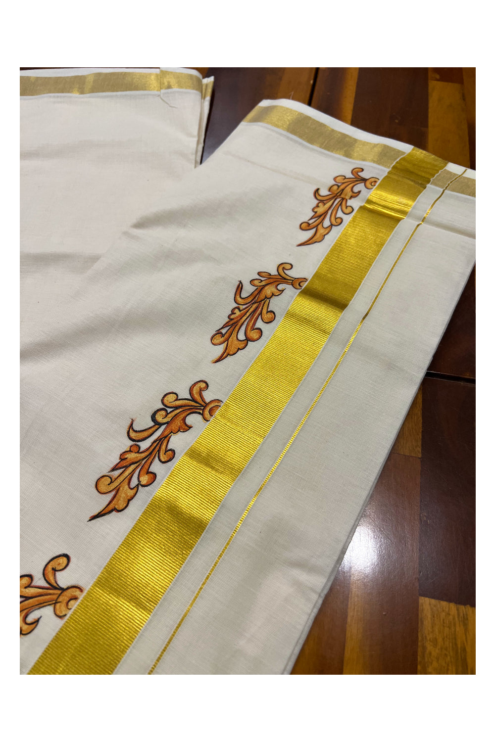 Pure Cotton Kasavu Mundu with Mural Hand Painted Design (South Indian Dhoti)