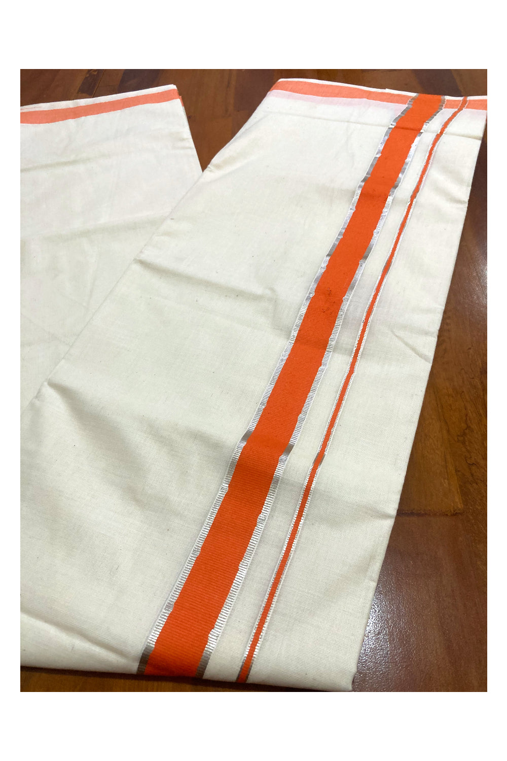 Pure Cotton Double Mundu with Orange and Silver Kasavu Border (South Indian Kerala Dhoti)