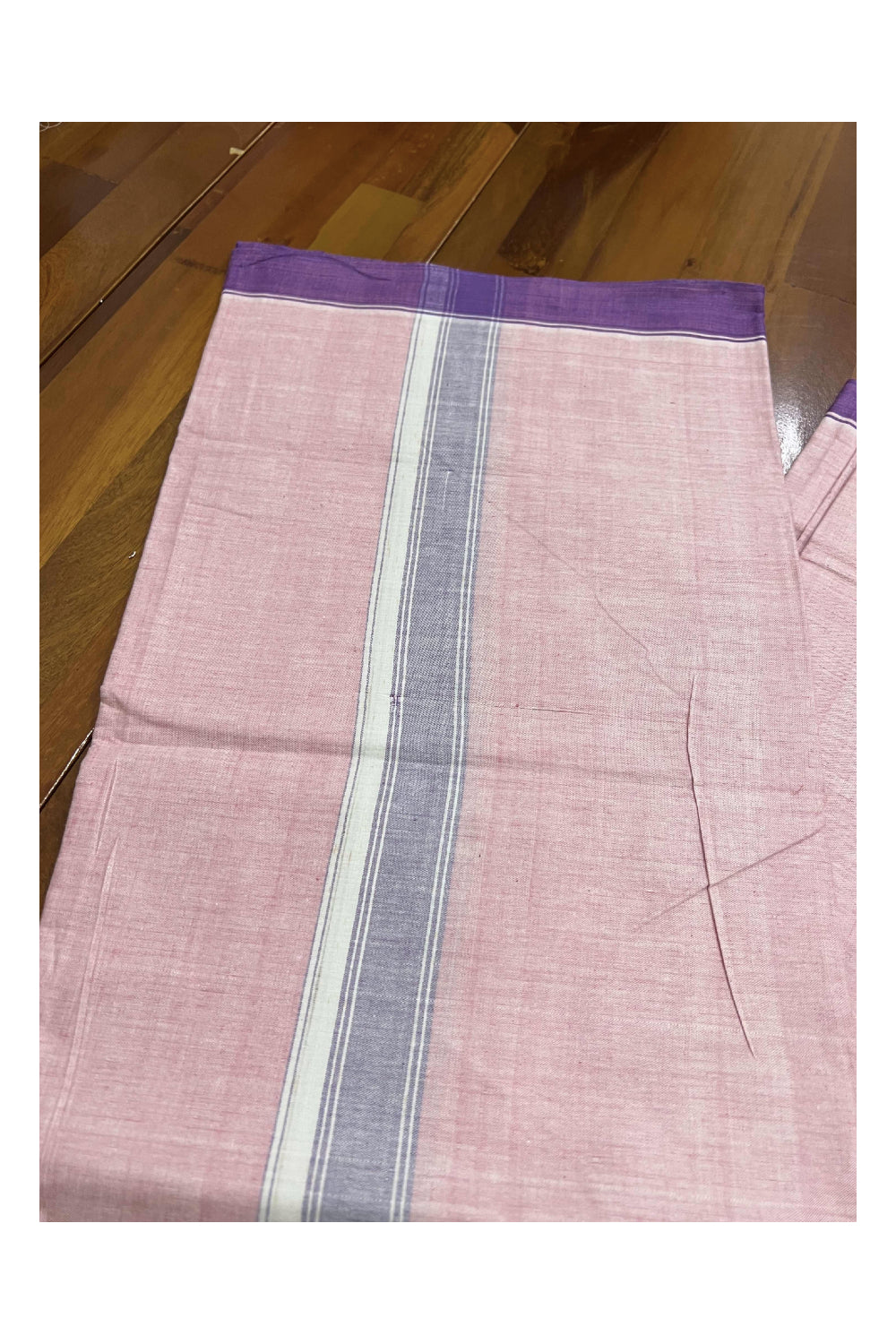 Southloom Premium Handloom Bright Pink Single Mundu with Violet Border (Lungi)