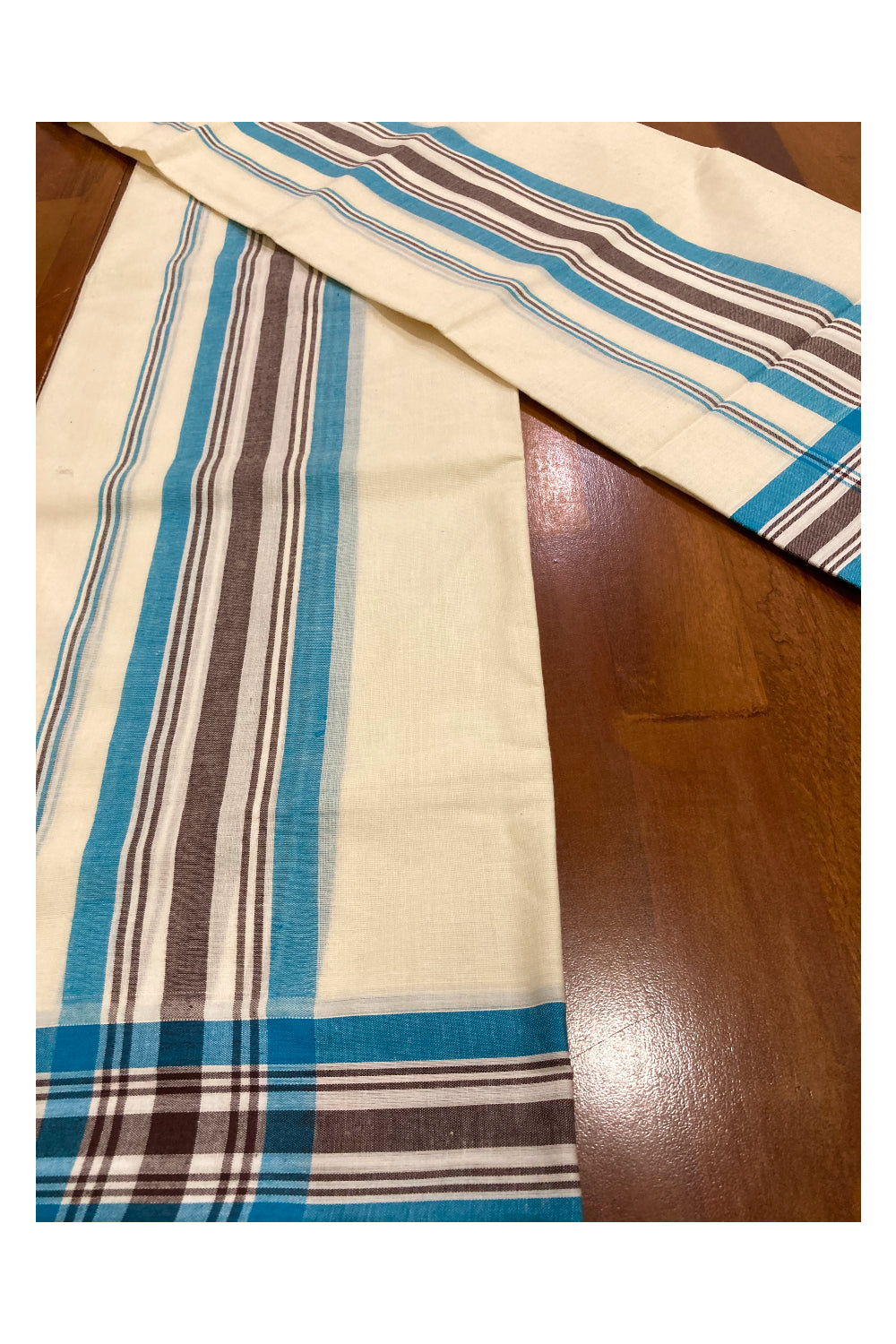 Kerala Cotton Mundum Neriyathum Single (Set Mundu) with Blue and Brown Mulloth Border (Extra Soft Cotton) 2.80 Mtrs