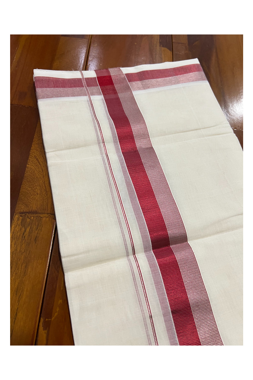 Southloom Kuthampully Handloom Pure Cotton Mundu with Silver and Dark Red Kasavu Border (South Indian Dhoti)