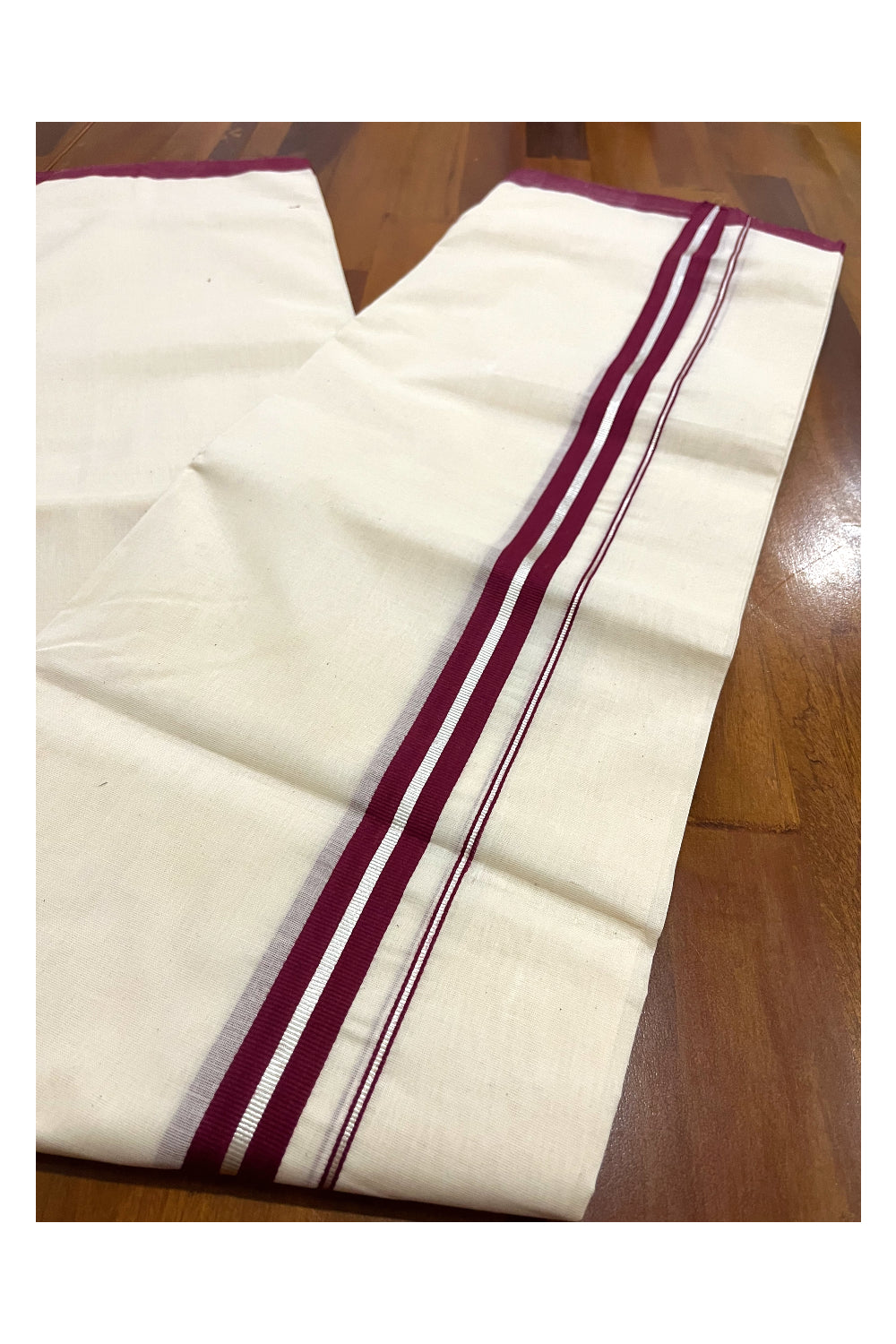 Southloom Premium Handloom Double Mundu with Silver Kasavu and Maroon Border