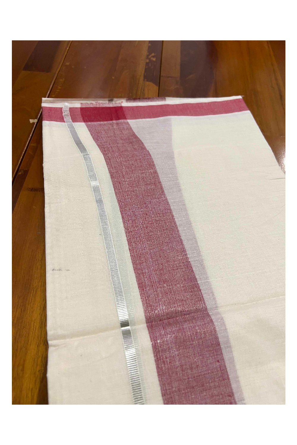 Off White Kerala Double Mundu with Silver Kasavu and Maroon Border (South Indian Dhoti)