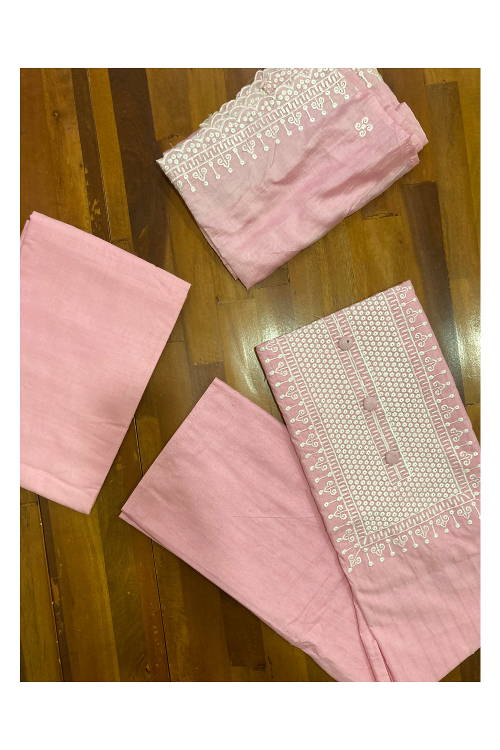 Southloom™ Cotton Churidar Salwar Suit Material in Pink with White Thread work Design