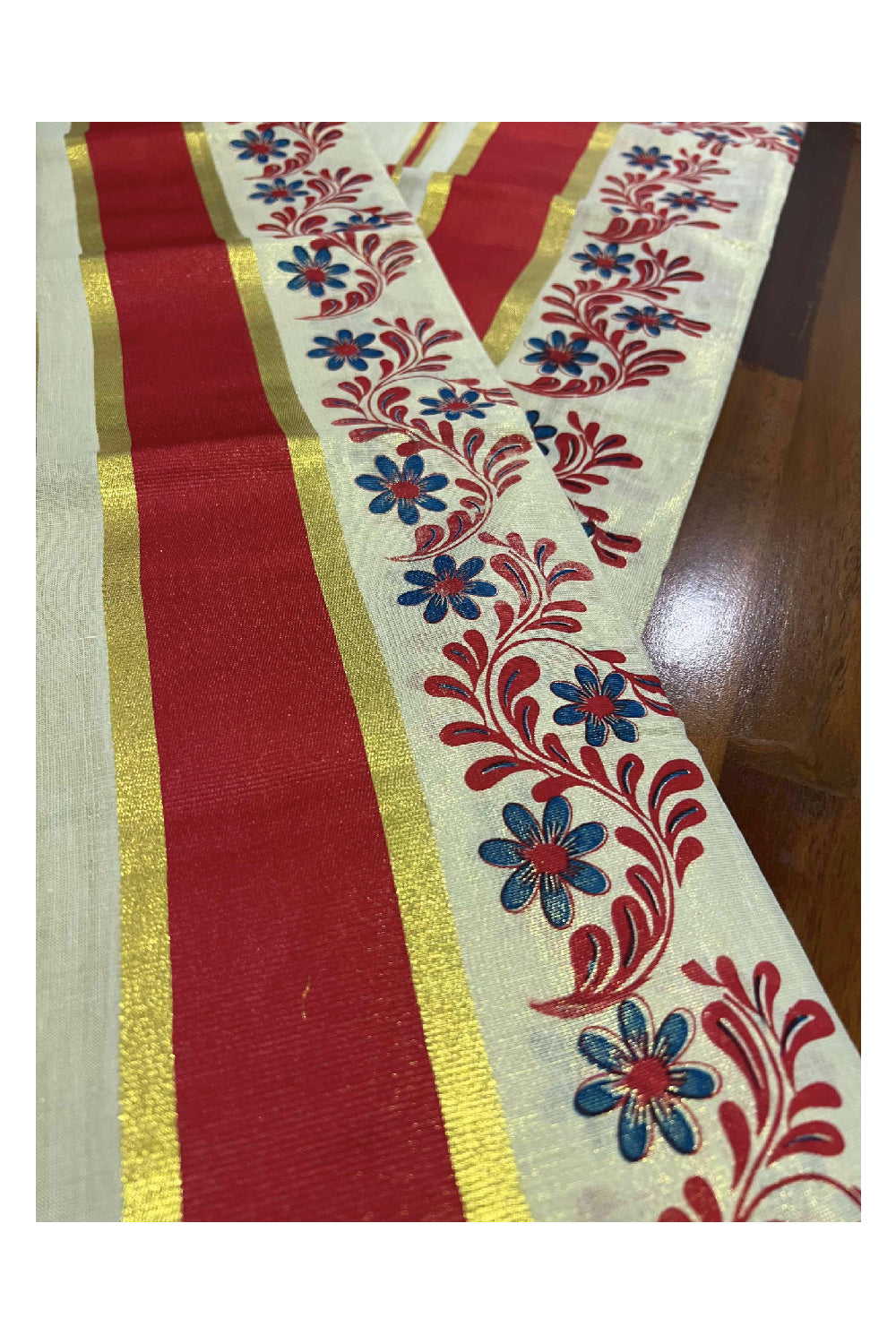 Kerala Tissue Kasavu Set Mundu (Mundum Neriyathum) with Red Block Printed Pallu