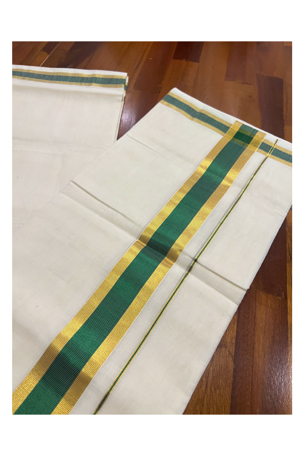 Southloom Premium Handloom Pure Cotton Mundu with Golden and Green Kasavu Border (South Indian Dhoti)