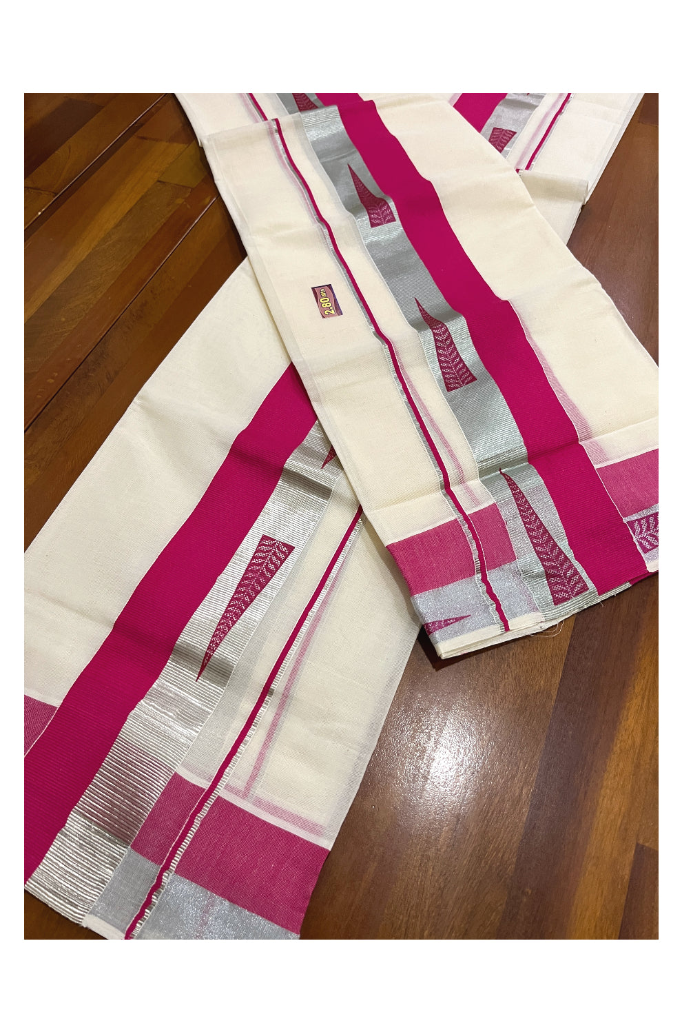 Pure Cotton SIlver Kasavu Single Set Mundu (Mundum Neriyathum Onam 2023) with Magenta Block Prints 2.80 Mtrs