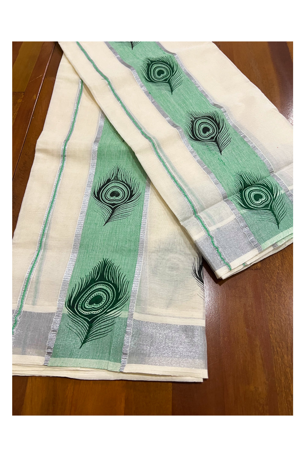 Kerala Cotton SIlver Kasavu Set Mundu (Mundum Neriyathum) with Black Feather Block Prints on Light Green Border