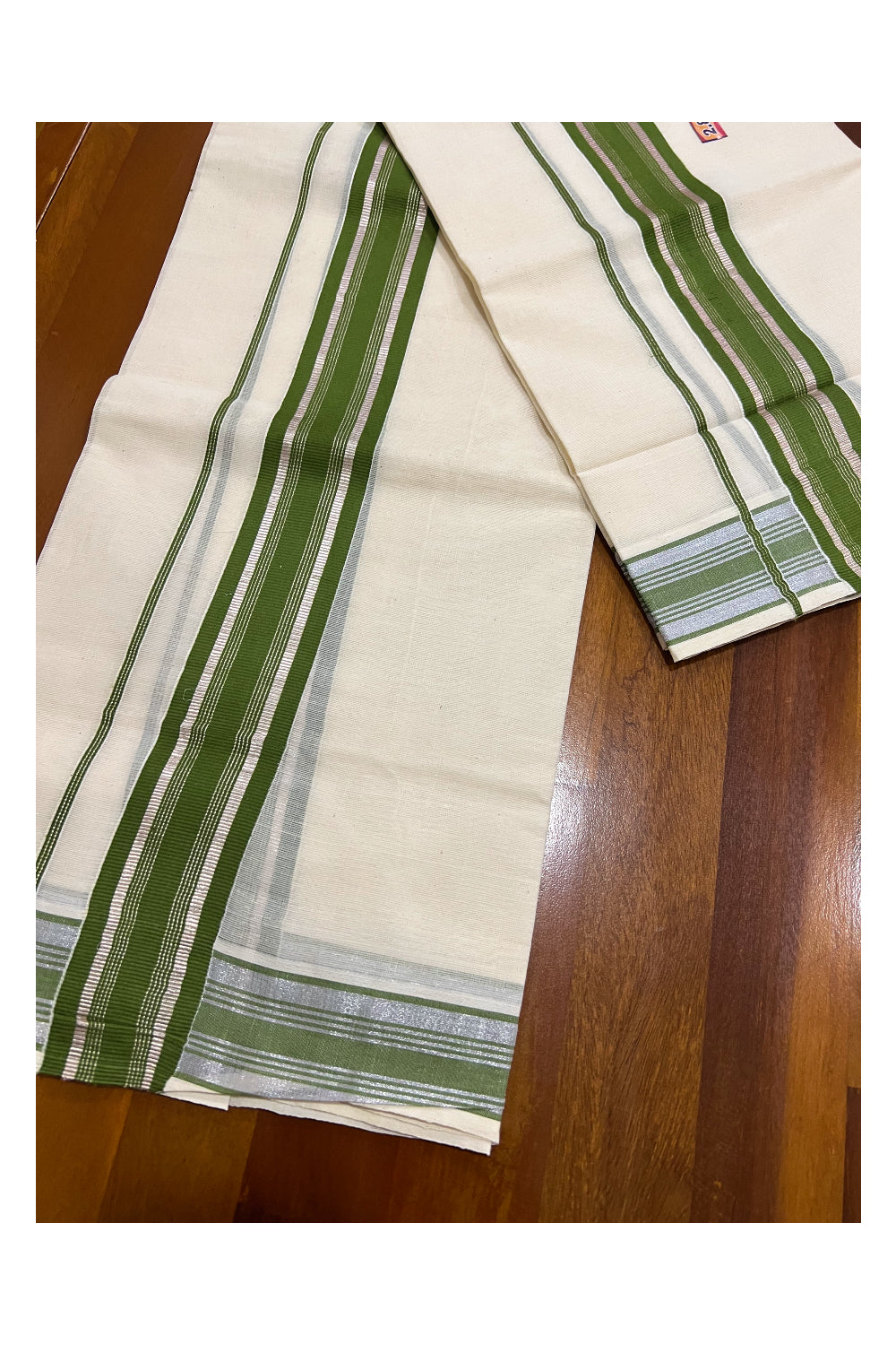 Kerala Cotton Mundum Neriyathum Single (Set Mundu) with Green and Silver Kasavu Border 2.80 Mtrs
