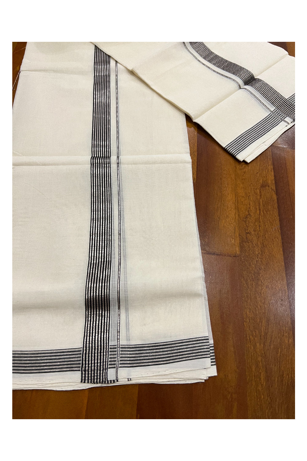 Southloom Premium Handloom Set Mundu with Silver Kasavu and Black Line Border