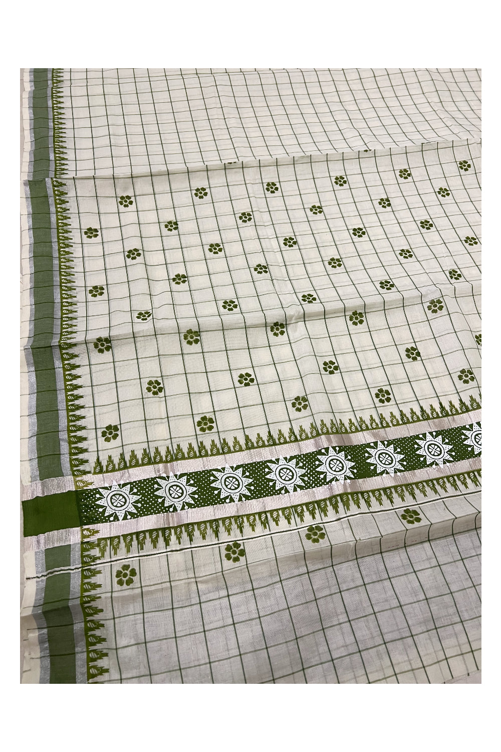 Pure Cotton Kerala Checkered Floral Block Printed Saree with Green and Silver Kasavu Border