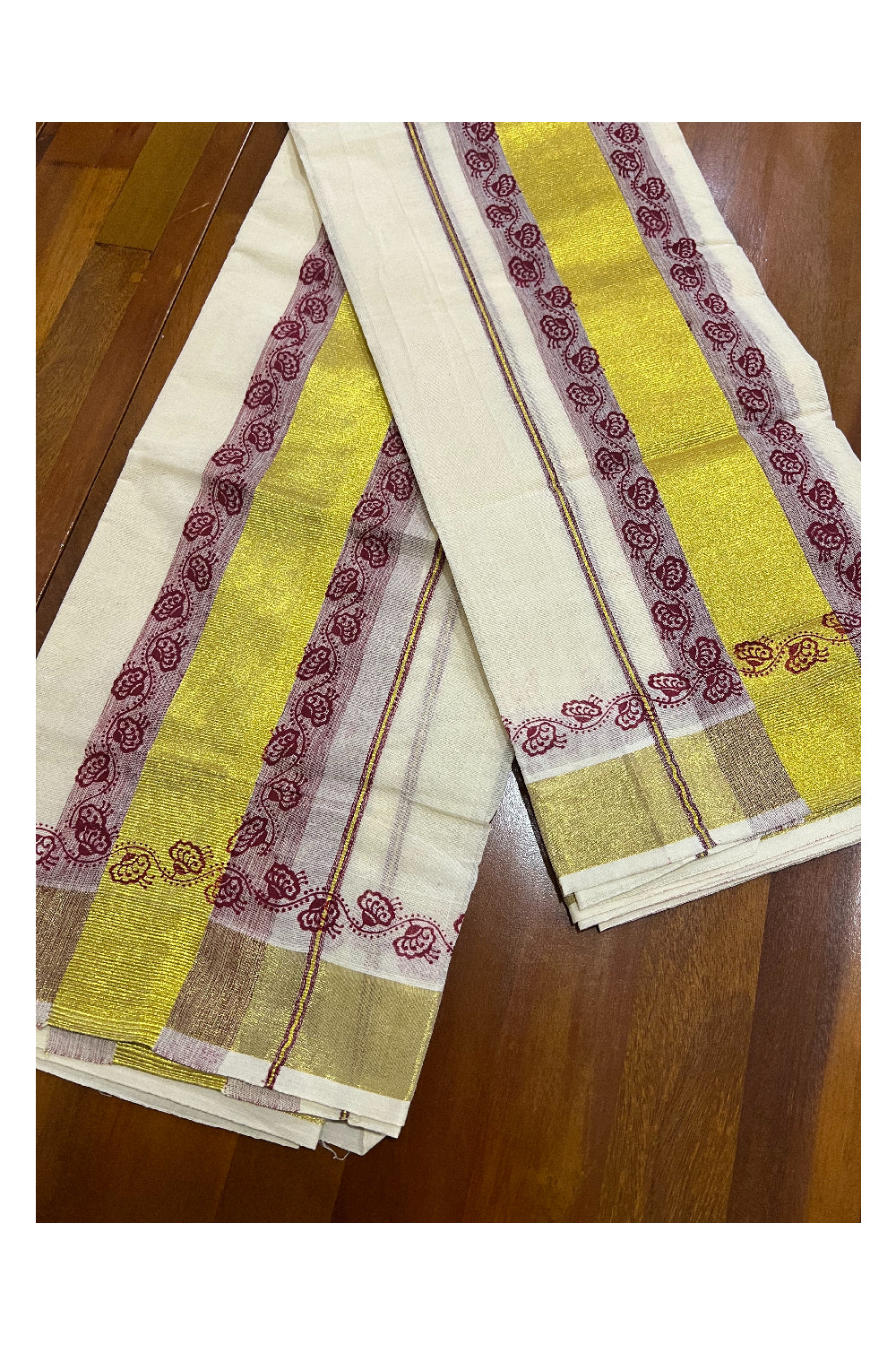 Pure Cotton Kasavu Set Mundu (Mundum Neriyathum) with Dark Red Floral Block Prints on Border