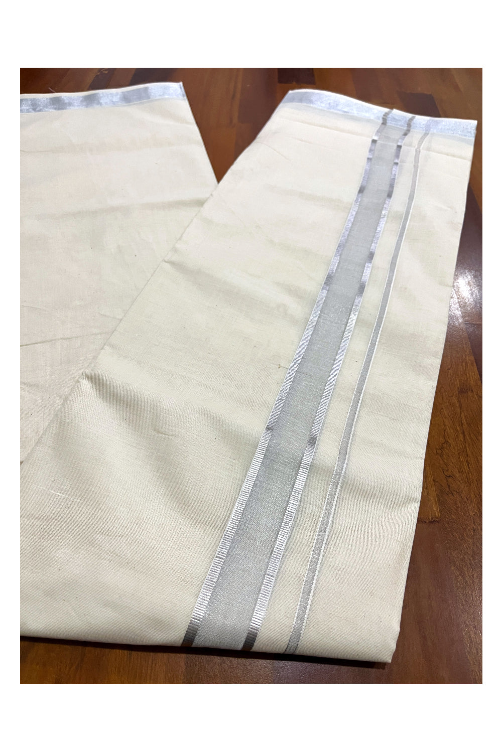 Pure Cotton Double Mundu with Silver Kasavu Kara (South Indian Kerala Dhoti)