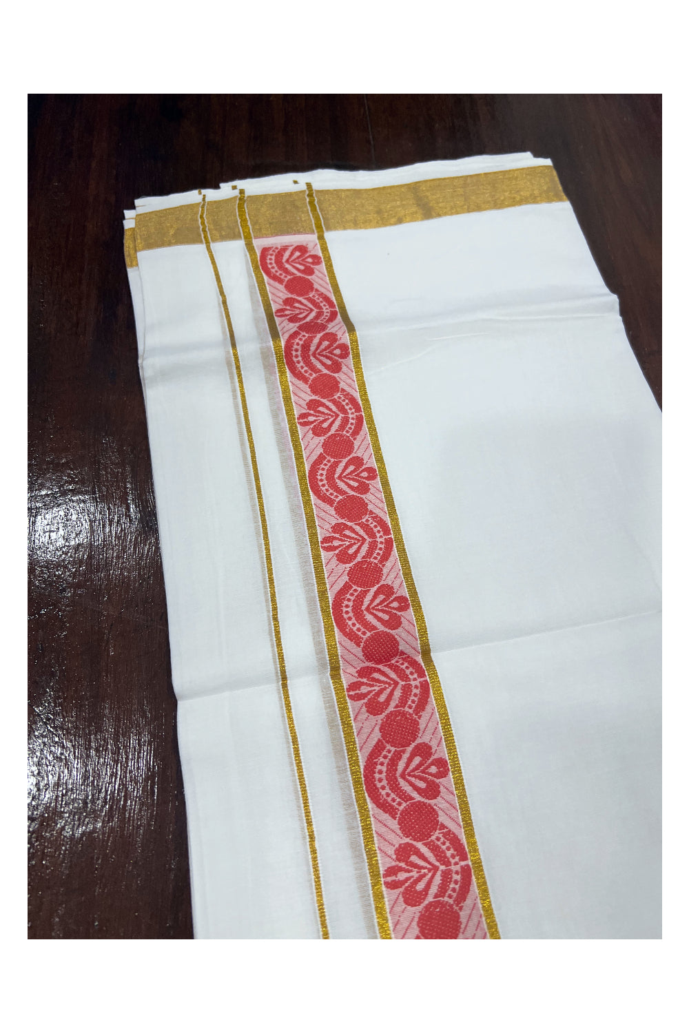 Pure White Cotton Double Mundu with Kasavu and Orangish Red Woven Design Border (South Indian Dhoti)