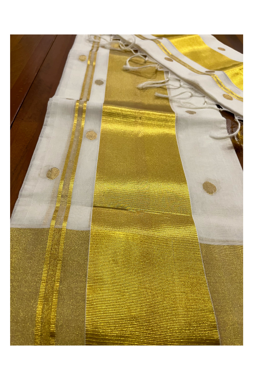 Southloom Handloom Premium Single Wedding Set Mundu (Mundum Neriyathum) with Golden Polka Dots Across Body and Kasavu Border Including Blouse Piece 2.80 Mtrs