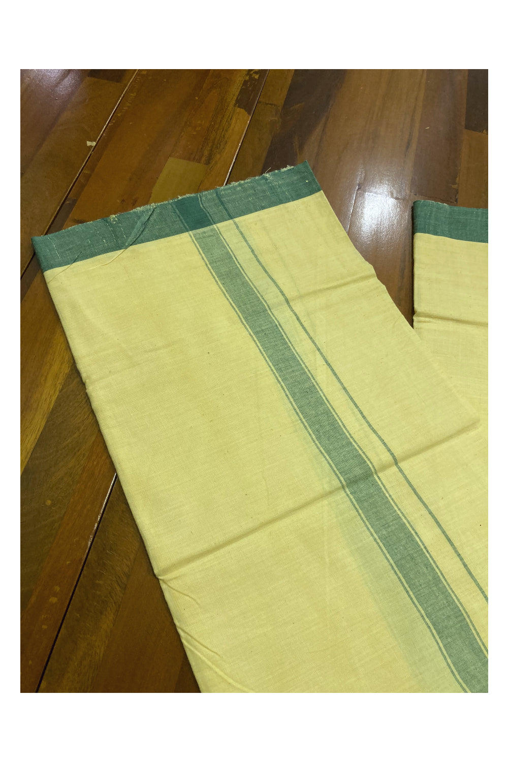 Southloom Premium Handloom Yellow Solid Single Mundu (Lungi) with Green Border