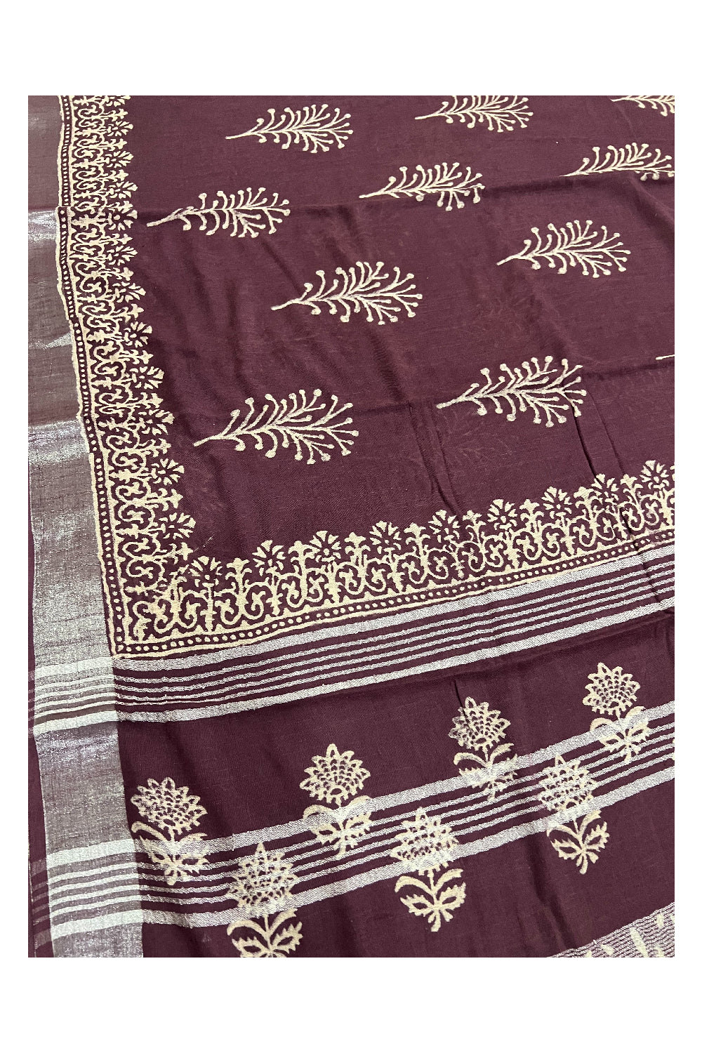 Southloom Linen Purple Brown Designer Saree with White Prints and Tassels on Pallu