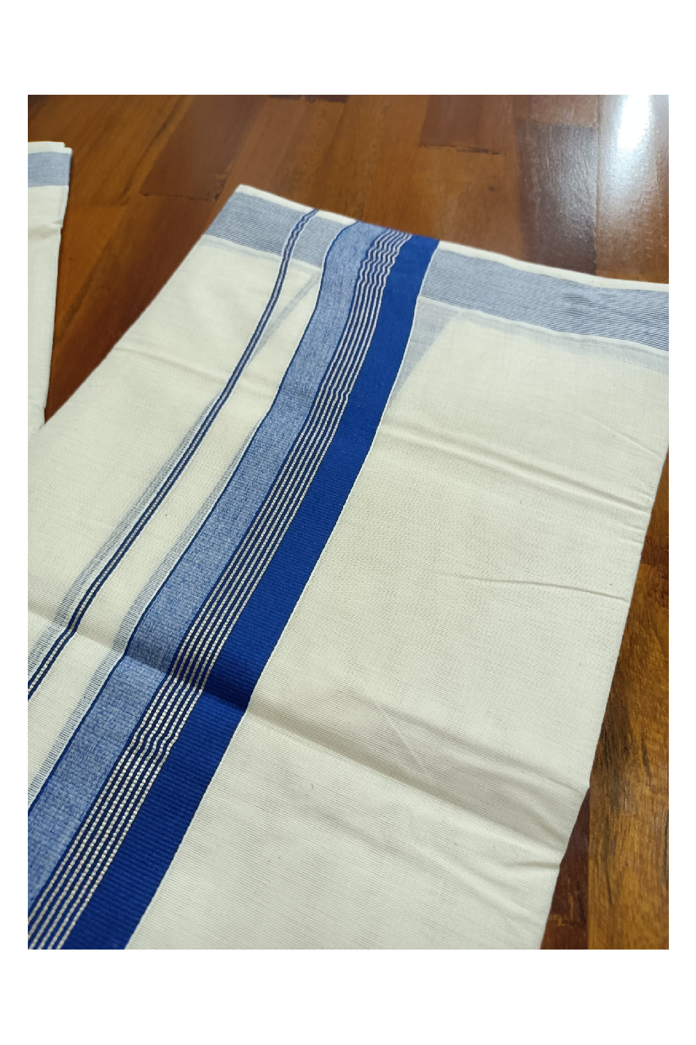 Off White Kerala Double Mundu with Silver Kasavu and Blue Kara (South Indian Dhoti)