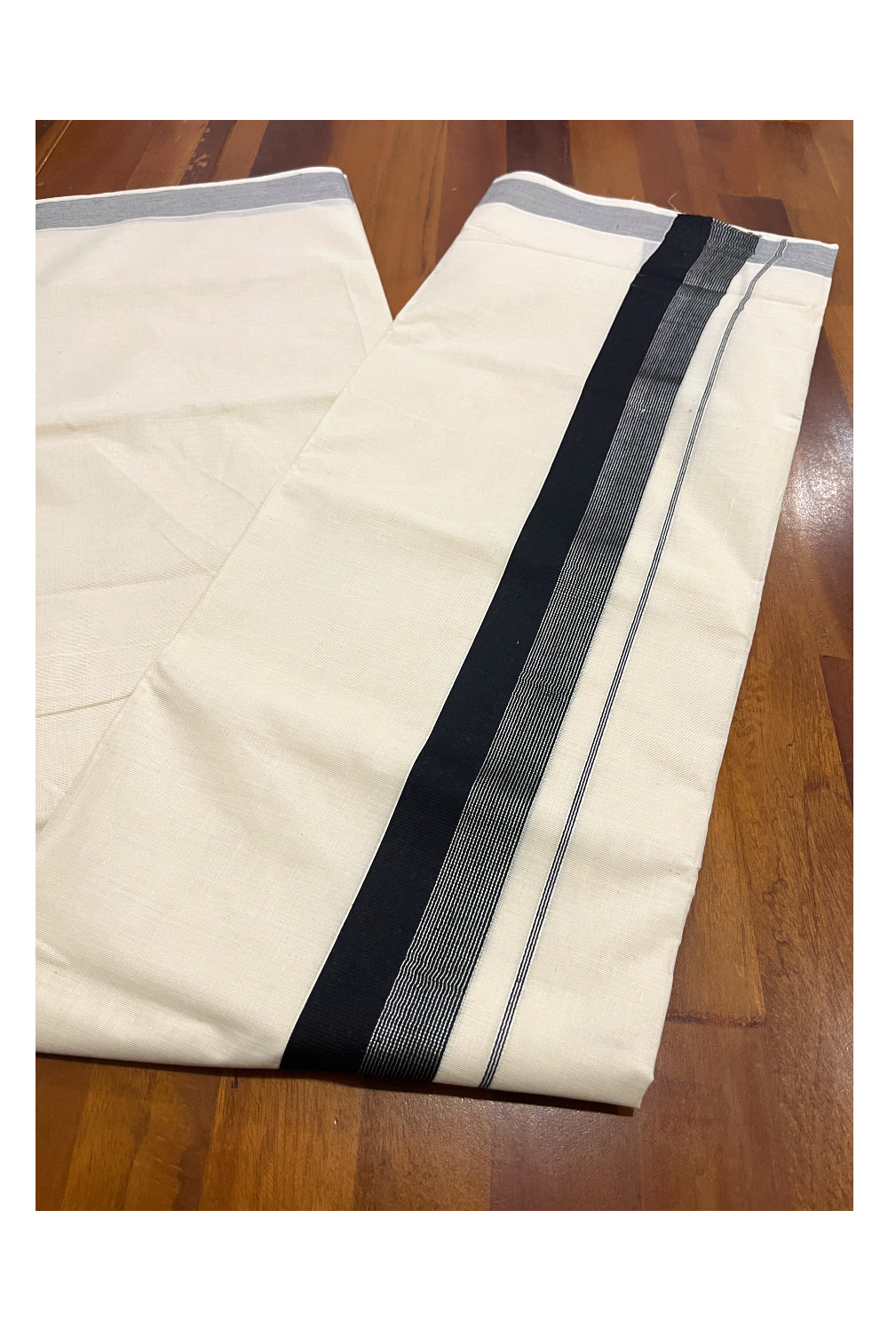 Pure Cotton Off White Double Mundu with Black and Silver Line Kara (South Indian Dhoti)