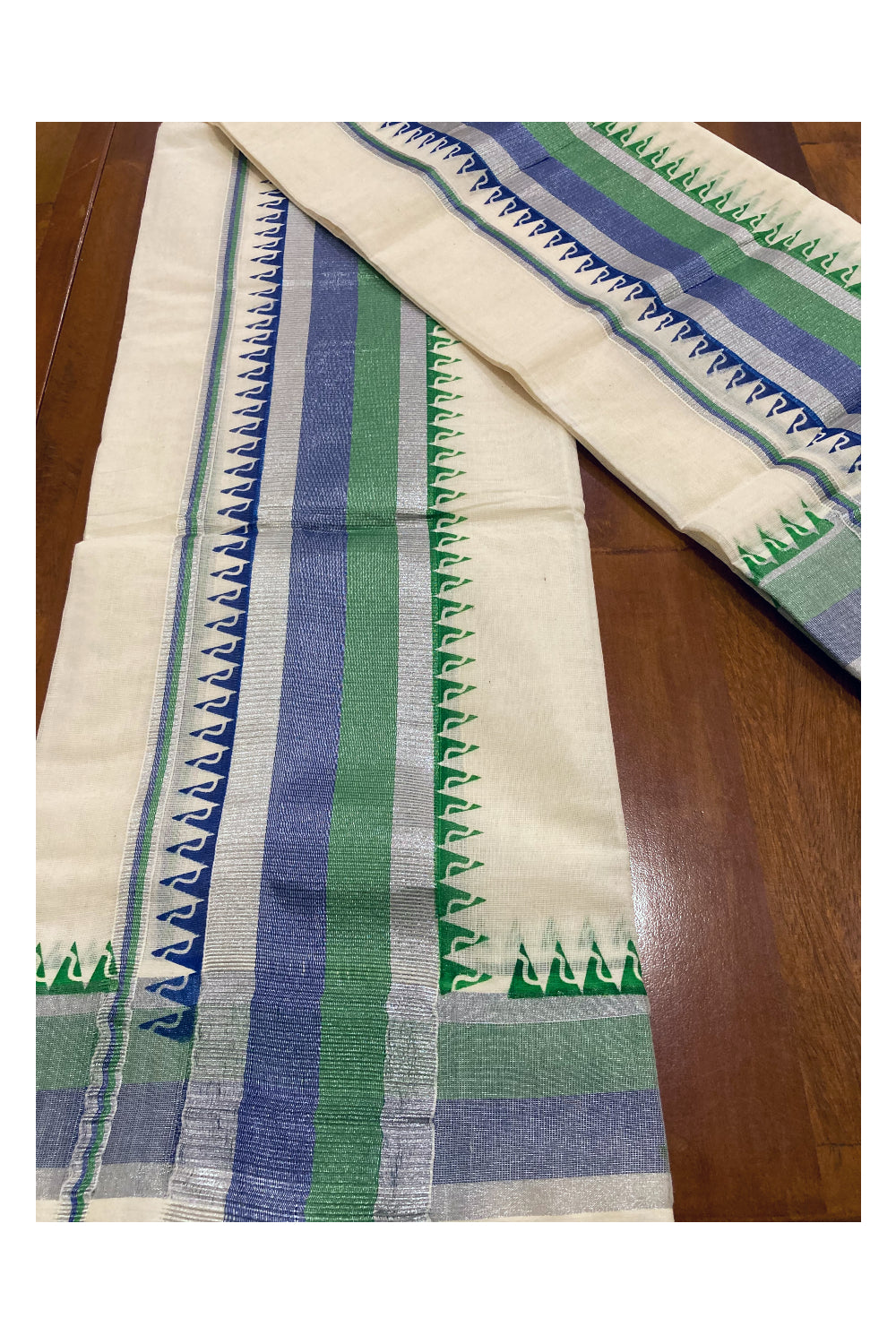 Cotton Silver Kasavu Set Mundu (Mundum Neriyathum) with Green and Blue Temple Border