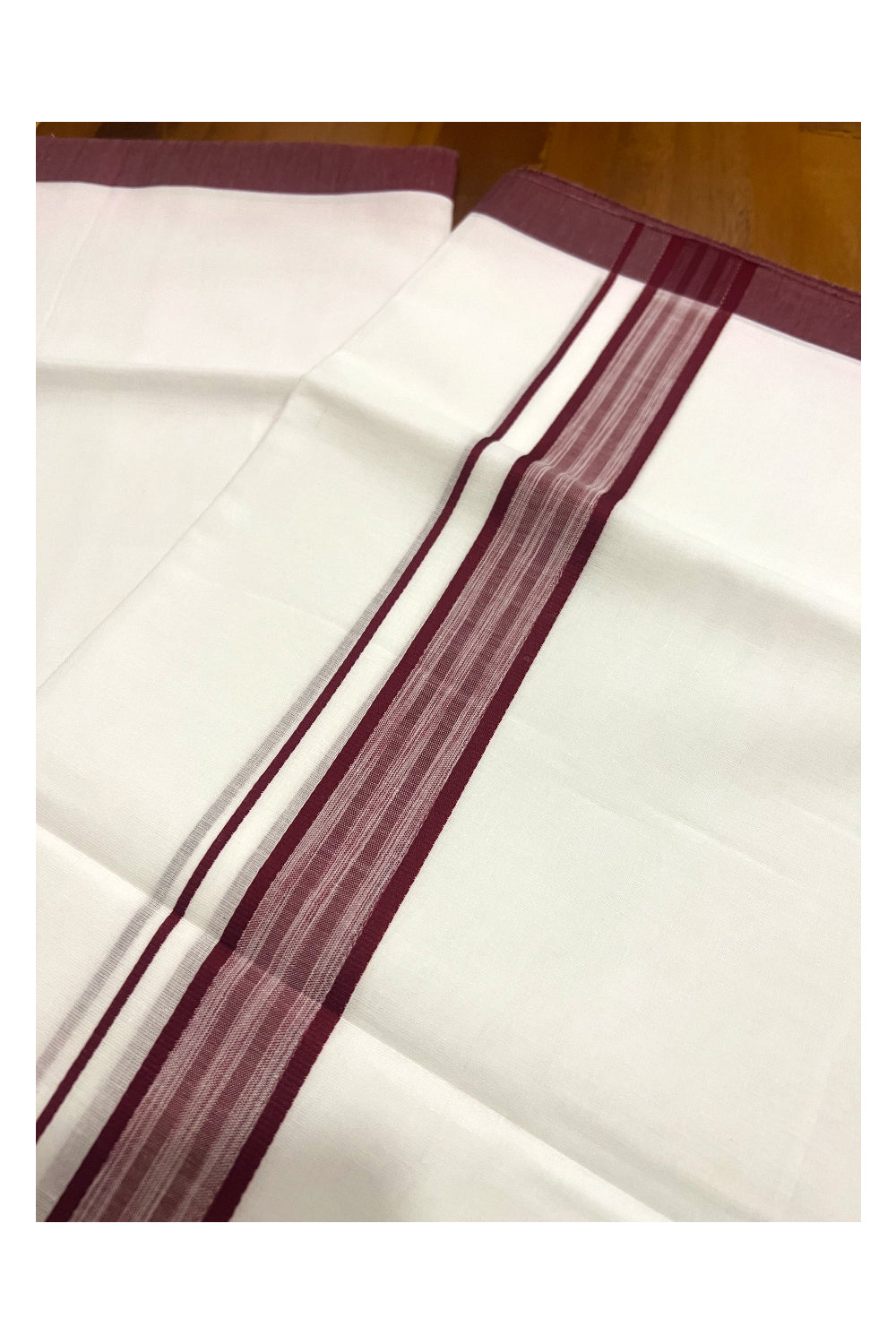 Pure White Cotton Double Mundu with Dark Maroon Border (South Indian Dhoti)