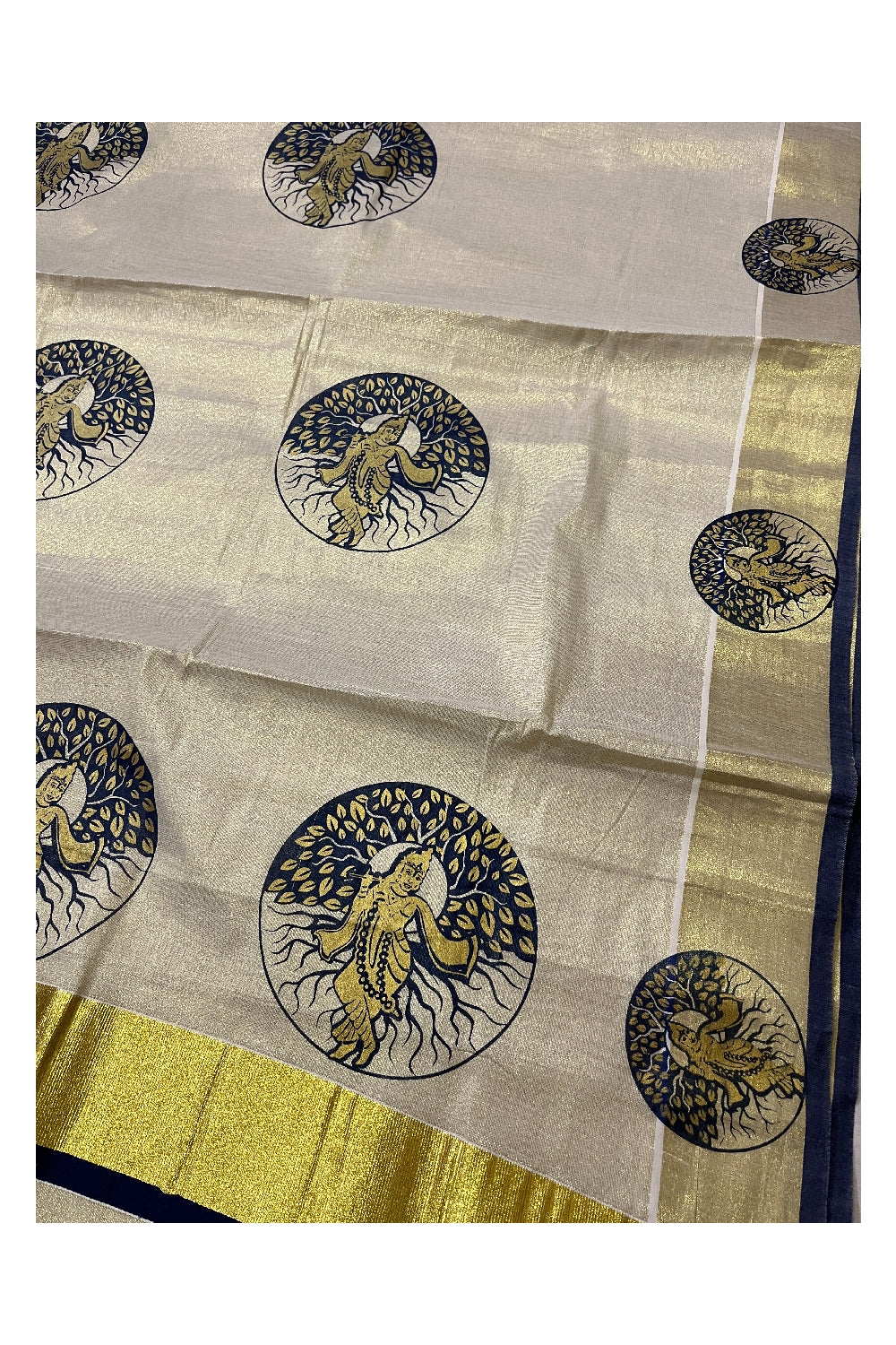 Kerala Tissue Kasavu Navy Blue Golden Krishna Block Printed Design Saree