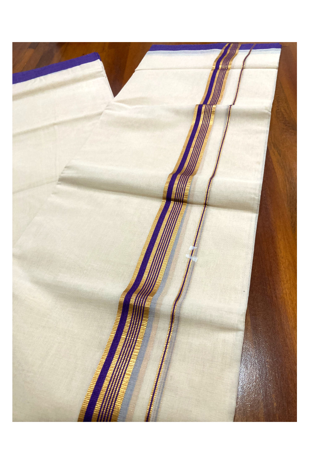 Pure Cotton Off White Double Mundu with Violet and Kasavu Border (South Indian Dhoti)