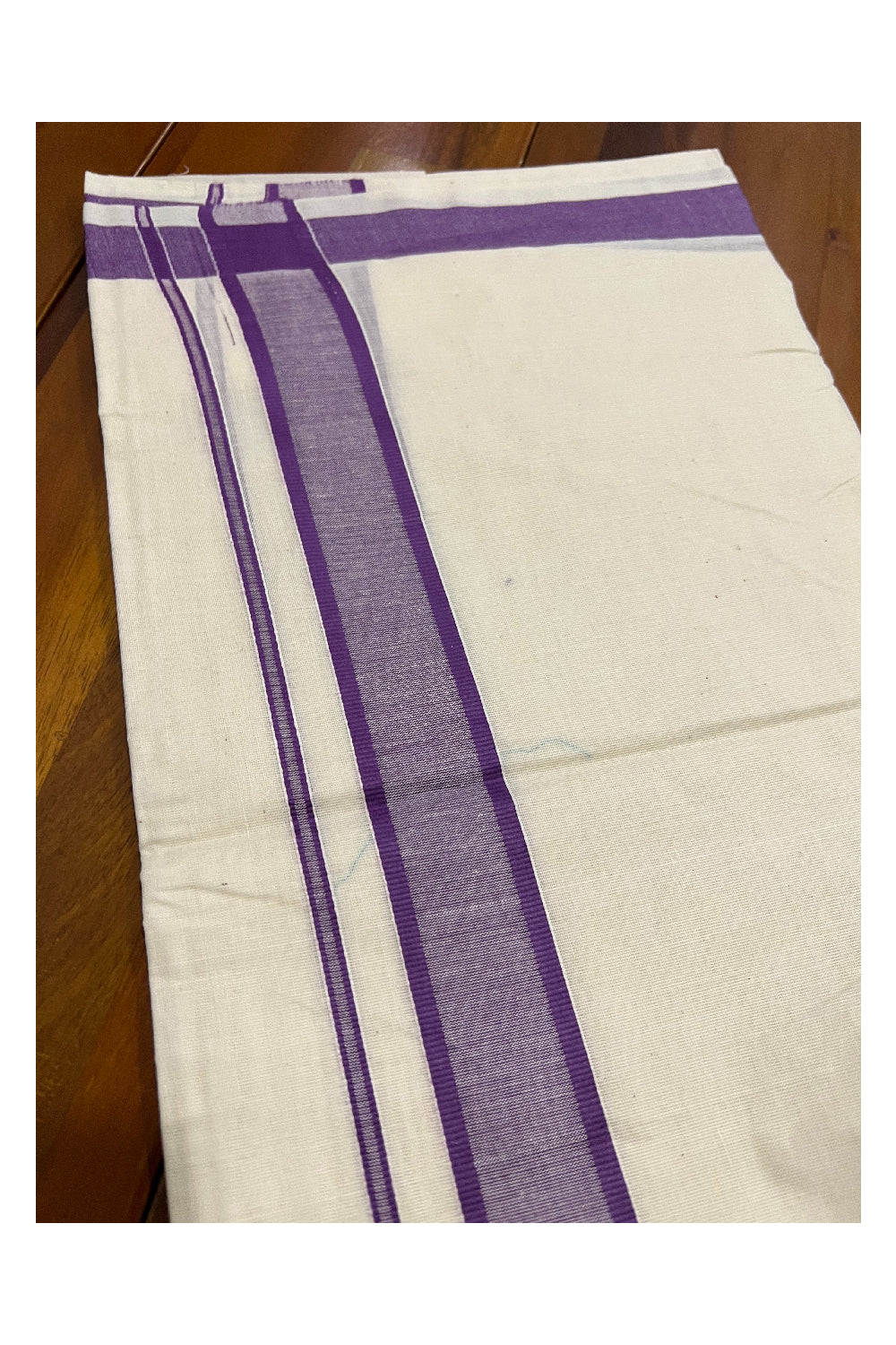 Off White Pure Cotton Double Mundu with Violet Border (South Indian Dhoti)